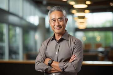 Wall Mural - Portrait of a glad asian man in his 60s donning a trendy cropped top while standing against sophisticated corporate office background