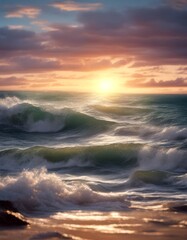 Wall Mural - nature sunset ocean waves horizon seascape painting sea generate oil sunrise view ai beautiful light digital color landscape