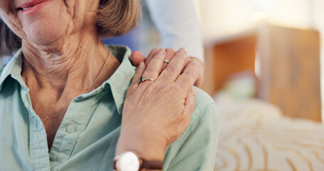 Canvas Print - Woman, nursing home and empathy with trust for advice or healthcare, hand or assistance for retirement. People, helping others and nurse with support for patient with problem, counselling in clinic