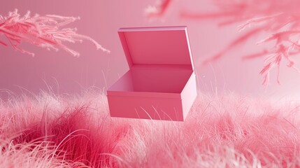 Wall Mural - A pink gift box with an open lid surrounded pink grass.