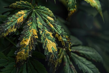 Leaf miner on cannabis leaves, Agricultural pests and plant deseases with black and dark background