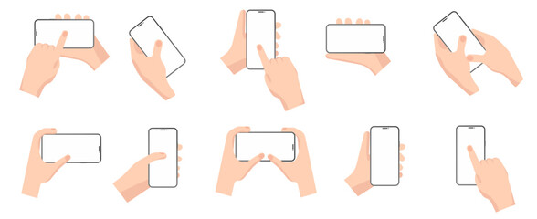 Poster - Hands holding smartphone collection with blank screen. Phone with holding hands