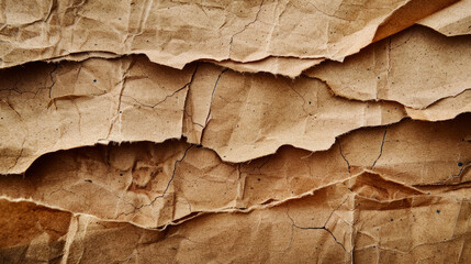 Wall Mural - detailed close-up of torn and wrinkled brown paper texture background with natural patterns and crea