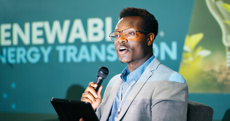 Poster - Black man, speaker and conference for climate change, presentation and seminar for renewable energy. African person, tablet and presenter with motivation for sustainability or eco friendly convention