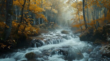 Wall Mural - Mystical River Flowing Through Autumn Forest