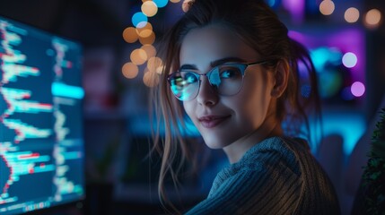 Digital IT technician or software developer creating UX program code on computer at night. Future javascript SSL language with smart female engineer examining security data.