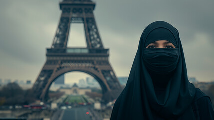 Wall Mural - Woman in niqab in front of Eiffel Tower