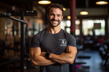 Sticker - Portrait of a smiling man in his 30s sporting a vintage band t-shirt while standing against dynamic fitness gym background