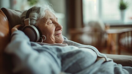 Wall Mural - Elderly woman smiling peacefully while listening to music on headphones, sitting on a couch