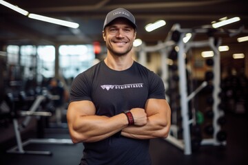 Wall Mural - Portrait of a smiling man in his 30s sporting a vintage band t-shirt in dynamic fitness gym background