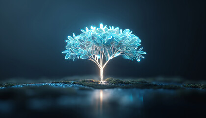 Wall Mural - Glowing blue tree on dark background with reflection.