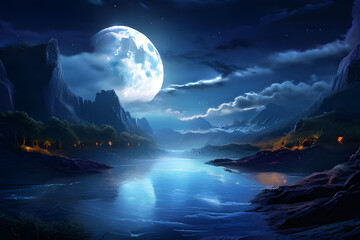 Canvas Print - Unfurl a digital masterpiece portraying a fantastical world bathed in moonlight. A majestic river, its waters shimmering with an ethereal glow, carves its path through a breathtaking landscape. 