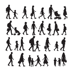 Set of Silhouette Walking People and Children. Illustration Vector 