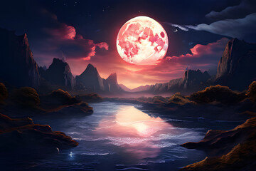 Canvas Print - Unfurl a digital masterpiece portraying a fantastical world bathed in moonlight. A majestic river, its waters shimmering with an ethereal glow, carves its path through a breathtaking landscape. 