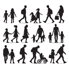 Set of Silhouette Walking People and Children. Illustration Vector 