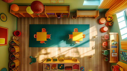 Wall Mural - Colorful classroom interior from an overhead view featuring child-sized tables and chairs, toys, and educational materials.