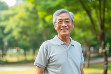 Wall Mural - Portrait of a cheerful asian elderly man in his 90s wearing a sporty polo shirt isolated on bright and cheerful park background