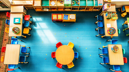 Wall Mural - Colorful classroom setup with tables, chairs, and educational toys for children