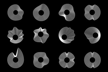 Abstract wavy shape sound equalizer speaker on black background. Linear fluid vector design.