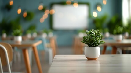 Closeup of a potted plant on a wooden table in a cafe or restaurant setting.