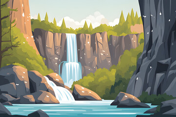 Sticker - A vibrant cartoon landscape unfolds. A majestic waterfall cascades down a rocky cliff, bathed in warm sunlight. Lush greenery frames the scene, creating a perfect summer escape.