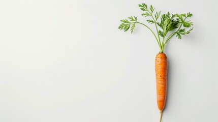 Single fresh carrot with green leaves on a white background. Healthy eating, vegan and vegetarian diet concept.