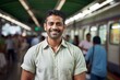 © Markus Schröder - Portrait of a happy indian man in his 40s donning a classy polo shirt in front of bustling city subway background