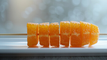 Wall Mural - Orange slices arranged on a skewer against an out-of-focus background.