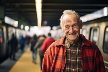 Sticker - Portrait of a tender man in his 70s wearing a comfy flannel shirt on bustling city subway background