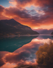 Poster - a mirror-bright view of the lake between the mountains, dramatic sunset colors 