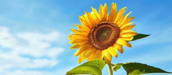 Wall Mural - Close up shot of a blooming sunflower against a blue sky with copy space image.