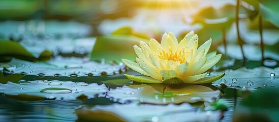 Aufkleber - Blooming yellow lotus (waterlily) with yellow pollen in the center and green leaves in a pond, suitable for designs like banners or web headers with copy space image.