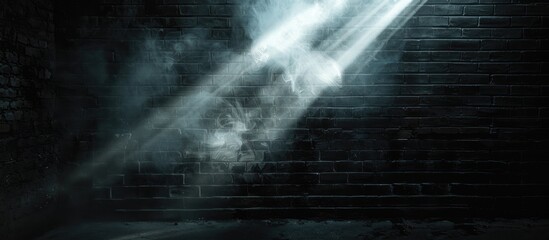 Poster - An image of an empty, dimly lit room with black brick walls, illuminated by rays of light, smoke, and a faint glow, all against a black backdrop with copy space.