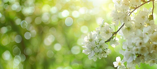 Wall Mural - Close-up image of cherry plum tree's white blossoms against a blurred green garden backdrop, focusing on nature with copy space image.