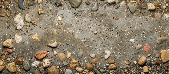 Fototapete - An aged, gritty gray concrete surface adorned with various small colored pebbles and soil, creating an abstract textured brown backdrop with ample copy space image.
