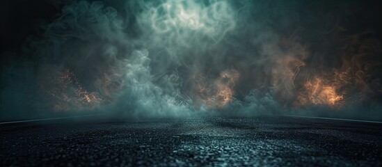 Poster - Abstract dark textured asphalt with smoke on a deserted street, creating a mysterious ambience against a light night background with copy space image.