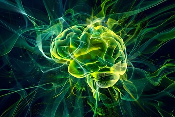 Wall Mural - Vibrant Lime-Green Cerebellum Abstract Digital Art Visualizing Neural Network