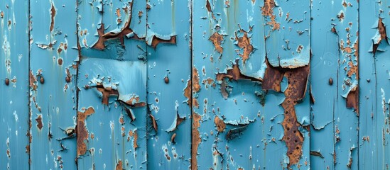 Aufkleber - Abstract background featuring the texture of an old rusty metal sheet with peeling blue paint, providing copy space image.