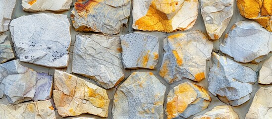 Fototapete - Close-up image of a light stone wall showcasing a mix of yellow, gray, and orange stones with cement or concrete. Creates an abstract urban backdrop with copy space for text, ideal for a building
