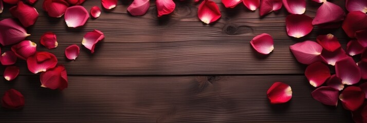 Poster - Red Rose Petals on Wooden Background