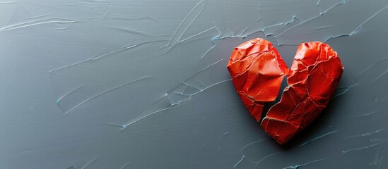 Wall Mural - Close-up image depicting a broken heart to symbolize divorce, with space for text against a gray background. image with copy space