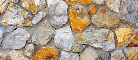 Fototapete - Close-up image of a light stone wall showcasing a mix of yellow, gray, and orange stones with cement or concrete. Creates an abstract urban backdrop with copy space for text, ideal for a building