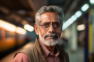 Canvas Print - Portrait of a satisfied indian man in his 60s sporting a long-sleeved thermal undershirt isolated in bustling city subway background