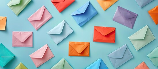 Wall Mural - colorful envelopes arranged randomly on a light blue background in a top view copy space image.