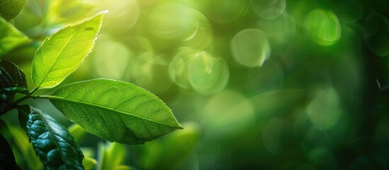 Wall Mural - Close-up image of a green leaf in a garden with a blurred green background, representing a natural green wallpaper concept with copy space image.