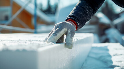 Canvas Print - Close-up of a worker's hand placing insulating foam boards at a snowy construction site.