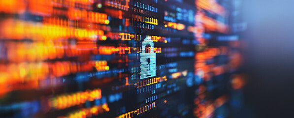 Computer screen displaying digital lock icon on lines of code