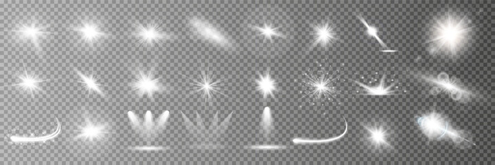 Wall Mural - light effect set. glow isolated white transparent light effect set, lens flare, explosion, glitter, 