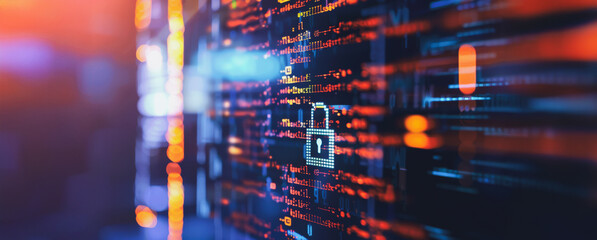 A close-up of a computer screen displaying lines of code with a padlock icon