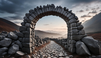 Wall Mural - Old stone arch or portal, gray stones, path through desolate landscape.